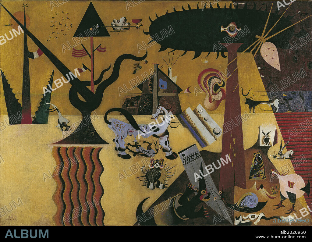 JOAN MIRÓ. The Tilled Field (La terre labourèe), by Joan Mirî, 1923-1924, 20th Century, oil on canvas, 66 x 92.7 cm. USA, New York, Solomon R. Guggenheim Museum. Whole artwork view. A rural scene, with clouds, trees, ears, fantastic animals, eyes and much more, disposed with free association.