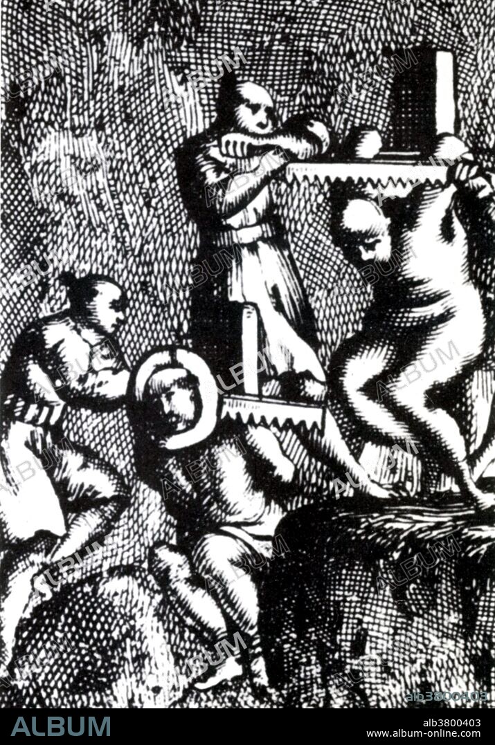 The term "death by sawing" indicates the act of sawing a living person in half. Most often the victim was suspended upside down, most of the blood will go to the head. The torturers would saw into the victim's crotch, all of the blood in the head will oxygenate the brain so that the victim will not pass out as one normally would under such excruciating pain. Typically, the saw would reach the victim's navel before unconsciousness would take hold, sometimes as far as the midriff. In the story about Simon the Zealot, the person is explicitly described as being hung upside-down and sawn apart vertically through the middle, starting at the groin. Different methods of death by sawing have been recorded. Death by sawing was a method of execution reportedly used in different parts of the world. In cases related to the Roman Emperor Caligula, the sawing is said to be through the middle. In the cases of Morocco, it is stated that the sawing was lengthwise, both from the groin and upwards, and from the skull and downwards. Dutch engraving from unknown source, 18th century.