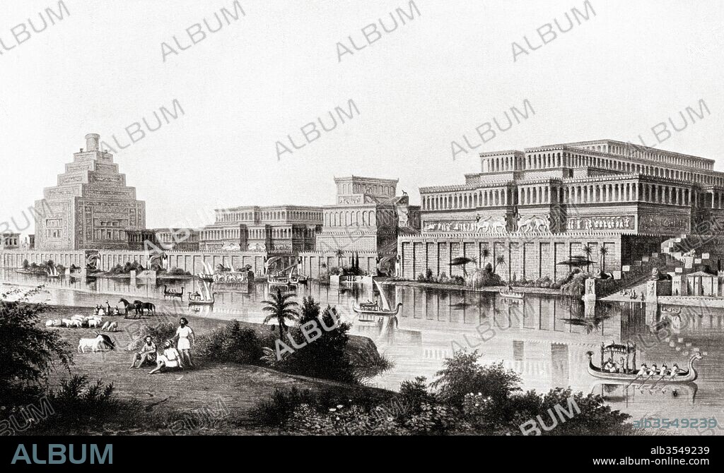 Reconstruction of the ancient city of Ninevah, Assyria, Upper Mesopotamia. From Hutchinson's History of the Nations, published 1915.