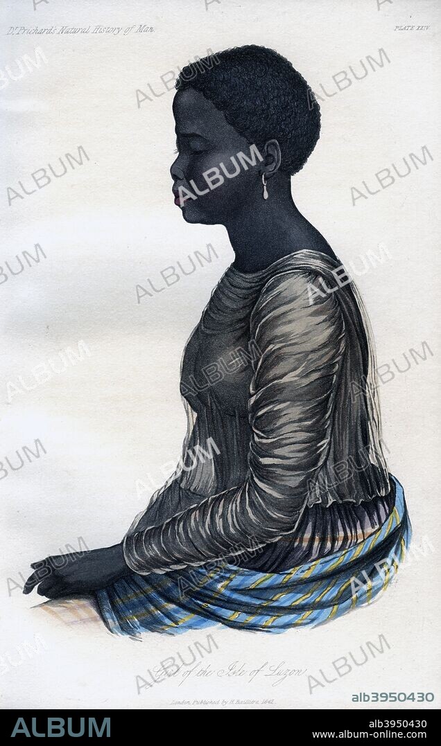 'Girl of the Isle of Luzon', Philippines, 1848. Exemplifying the type of the Pelagian Negro race, described by Captain G Lafond. An engraving from the Natural History of Man, by James Cowles Prichard, Hippolyte Bailliere, London, third edition, 1848.
