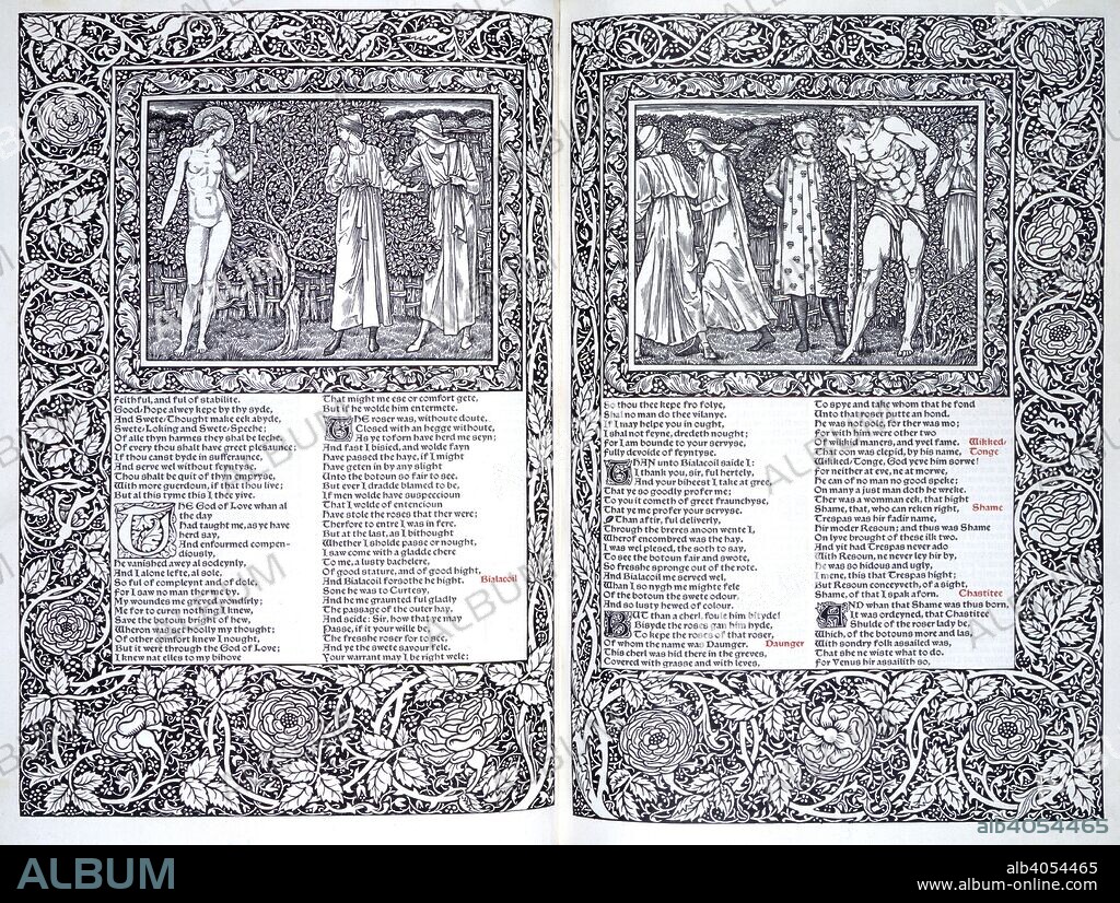 Canterbury Tales. The Works of Geoffrey Chaucer now newly imprinted. Kelmscott Press: Hammersmith, 1896. Two scenes from the Canterbury Tales. Two illustrations and text.  Image taken from The Works of Geoffrey Chaucer now newly imprinted. (Edited by F. S. Ellis; ornamented with pictures designed by Sir Edward Burne-Jones, and engraved on wood by W. H. Hooper.).  Originally published/produced in Kelmscott Press: Hammersmith, 1896. . Source: C.43.h.19, plates 272-273.