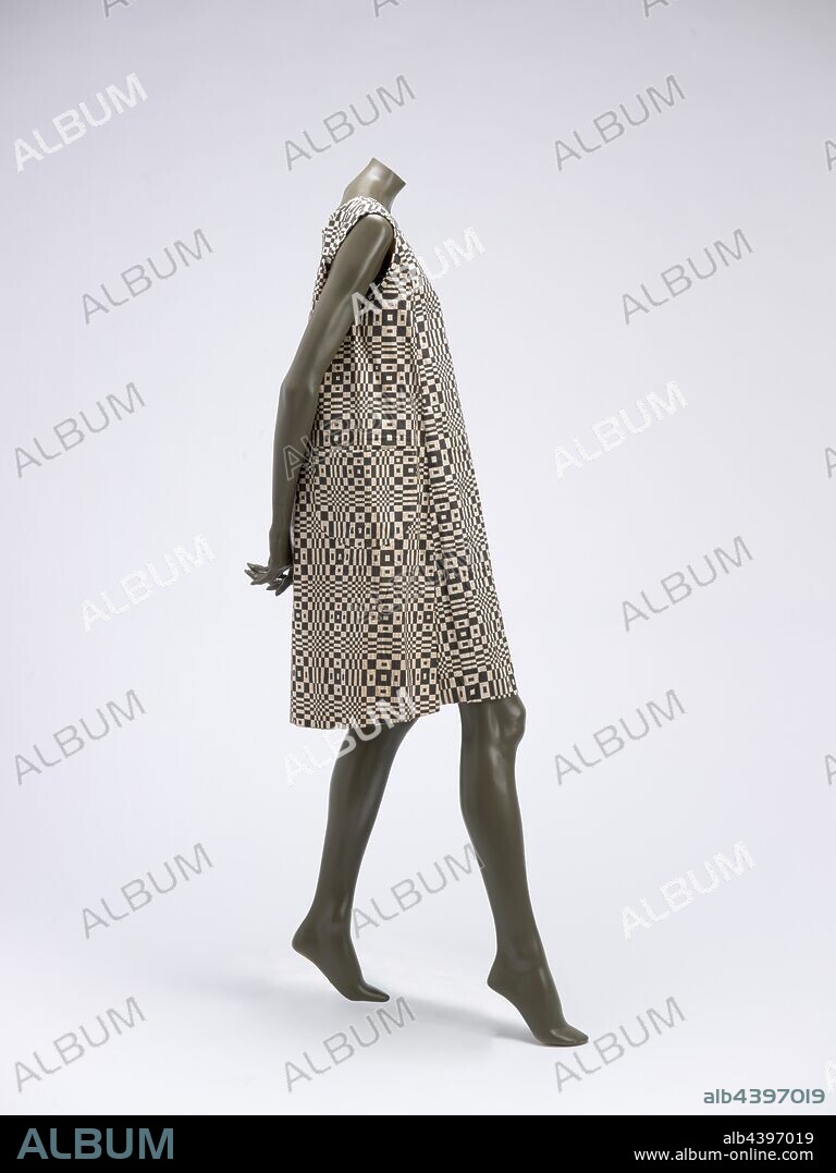 paper dress Paper-Caper Op Art Dress, Scott, Designer (American), 1966, paper (wood pulp, rayon mesh; patented as Dura weave) screen printed, 38-1/2 x 25-1/2 in., label: Paper-Caper by Scott, Textile and Fashion Arts.