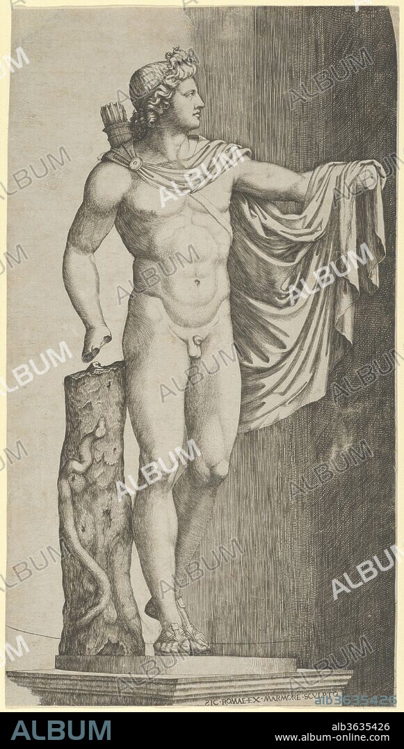 The Apollo Belvedere from the Vatican his left hand resting on the tree trunk around which coils a python. Artist: Marcantonio Raimondi (Italian, Argini (?) ca. 1480-before 1534 Bologna (?)). Dimensions: 11 7/16 x 6 3/8 in.  (29.1 x 16.2 cm). Date: ca. 1510-27.
The Apollo Belvedere was discovered near Rome in the late fifteenth century. Possibly a second-century marble copy of a bronze original by the Greek sculptor Leochares, the statue was immediately appreciated as a masterpiece and showered with praise. Probably once in the private collection of Cardinal Giuliano della Rovere (later Pope Julius II, r. 1503-13), it was moved to the Vatican in 1509 and placed, in 1511, in the Cortile del Belvedere, from which it derives its name. Raimondi's print became an important vehicle through which knowledge of the statue was transmitted far beyond the Vatican. He is famous for his many engravings after the designs of Raphael, including images such as the Judgment of Paris (19.74.1), scenes that, like the Apollo, illustrate Renaissance interest in classical antiquity and mythology. Here, Raimondi's mastery for replicating the effects of light on marble produces a convincing impression of the statue's form. Many artists incorporated the Apollo's much-lauded pose into their own work. Albrecht Dürer reverses the position of the figure's limbs and Apollo becomes Adam, reaching for the fruited branch offered by Eve in the 1504 engraving (19.73.1). A similar figure of Apollo, whose outstretched arm grasps--too late--a fleeing nymph, appears in the 1625 marble group Apollo and Daphne by the Roman Baroque sculptor Gian Lorenzo Bernini (1598-1680).