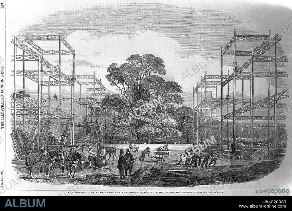 Building in Hyde Park, London for the Great Exhibition, 1851; showing the Transept looking north. The 'Great Exhibition of the Works of the Industry of all Nations' was conceived by Prince Albert. Crystal Palace was built to house this exhibition and was the first large-scale prefabricated ferrovitreous (iron and glass) structure. It was designed by the landscape designer Joseph Paxton. From the Illustrated London News.