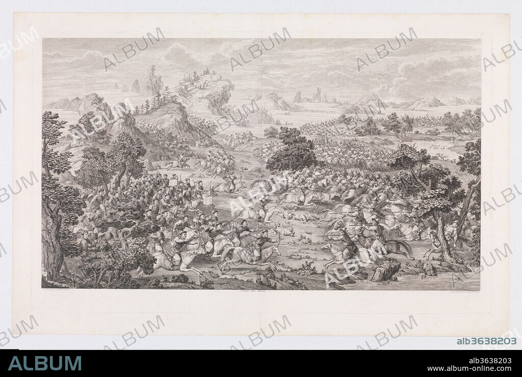 The Victory of Khorgos. Artist: Jacques Philippe Le Bas (French, Paris 1707-1783 Paris); (direxit) Charles Nicolas Cochin II (French, Paris 1715-1790 Paris); after Jean Denis Attiret (French, 1702-1768). Dimensions: Sheet: 39 5/8 × 25 3/4 in. (100.7 × 65.4 cm)
Plate: 36 3/4 × 22 3/8 in. (93.3 × 56.8 cm). Series/Portfolio: The Conquests of the Emperor of China
(Les Conquêtes de l'Empereur de la Chine). Date: 1774.
This print depicts the 1758 victorious battle of Khorgos with imperial cavalry armed with bows and arrows at left, galloping toward the enemy cavalry at right.
Part of a set of sixteen, "The Victory of Khorgos" was commissioned by the Qianlong Emperor in 1765 to commemorate Manchu victories (1755-59) over the Eleuths, the Dzungars, and other Central Asian peoples in the present-day region of Xinjiang. Made under the direction of Charles-Nicolas Cochin (1715-1790), the prints, which follow reduced-scale copies of paintings by Jesuit artists working in Beijing, were etched and engraved in France from 1767 to 1774 by the finest printmakers at the court of Louis XV. The Chinese merchants of Canton (present-day Guangzhou) paid for the copper plates and two hundred sets of prints to be delivered to China, with only a few sets retained in Paris.
The prints exemplify the fusion of Eastern and Western representational styles fostered within the Qing imperial painting academy. The European technique of chiaroscuro-the modeling of forms through the use of light and shading-has been visibly tempered, as has the use of one-point perspective. Instead, the scenes present panoramic views and strongly up-tilt ground planes. At the same time, howevery, they reflect European preferences for anatomical accuracy, a single light source, and the mathematically correct reduction of scale to create the illusion of recession.