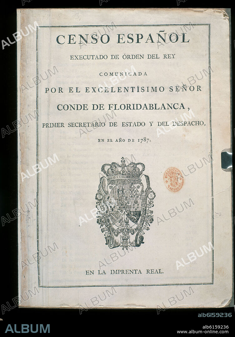 PORTADA DEL CENSO ESPANOL DE 1787 OBRA DEL CONDE DE FLORIDABLANCA.