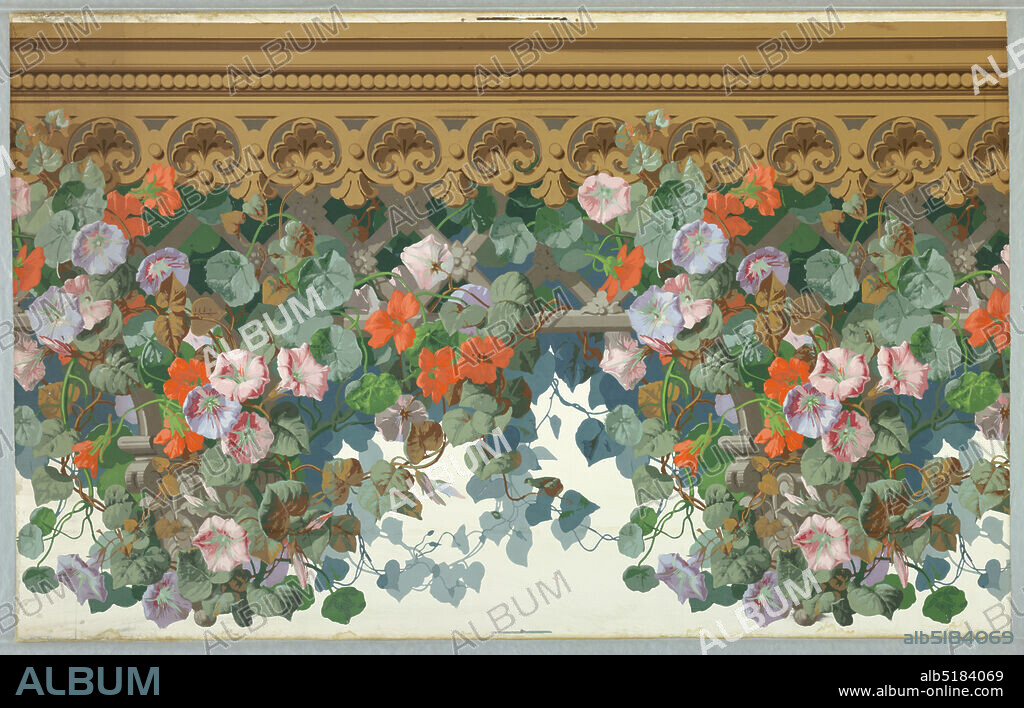 Jardin d'Hiver, Jules Desfossé, French, active 1851 - 1863, Edouard Müller, French, 1823 - 1876, Block-printed paper, Horizontal rectangle. Brown molding along top from behind which and below which is suspended a gray trellis. This trellis is supported along its lower edge by capitals occuring in intervals which are meant to rest on the pilaster 1955-12-7. Flowering vines in profusion. Pinks, lavenders, orange, green leaves. White ground below trellis., Paris, France, 1853, Wallcoverings, Frieze, Frieze.