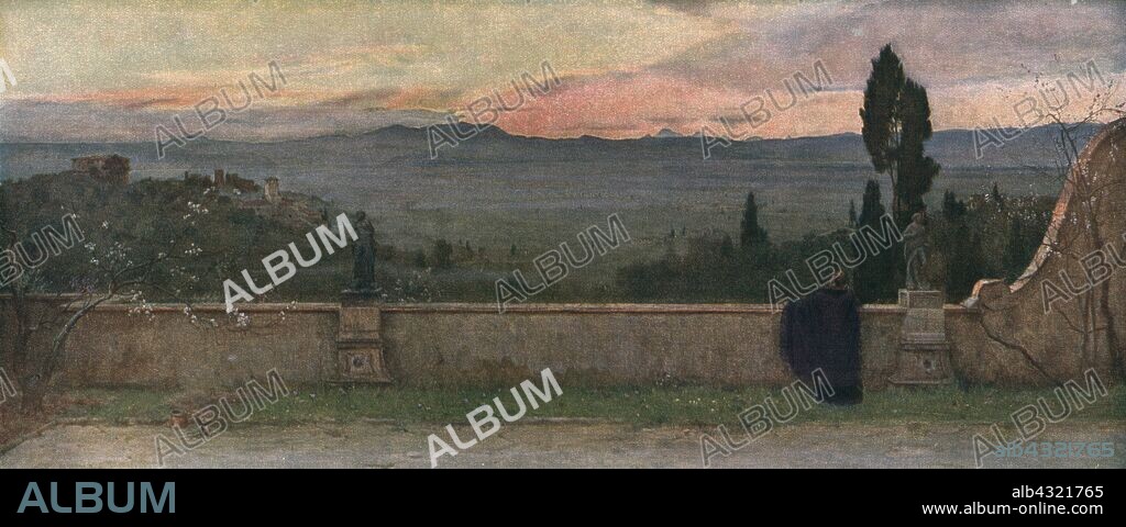 MATTHEW RIDLEY CORBET. 'Val D'Arno: Evening', c1901, (c1930). Figure standing on a terrace overlooking the valley of the River Arno in Tuscany, Italy. Painting in the Tate Gallery, London. From "Modern Masterpieces of British Art". [The Amalgamated Press Ltd., London, c1930].