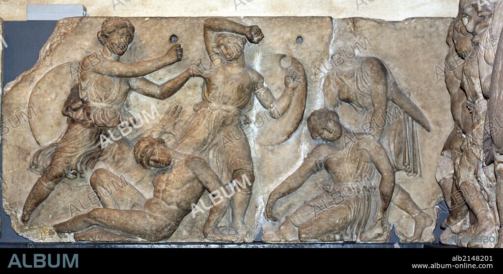 Portion of the Bassae Frieze. Greek, Circa 420-400 BC. From the temple of Apollo at Bassae. The frieze depicts two battles. (Photo by: Universal History Archive/UIG via Getty Images).