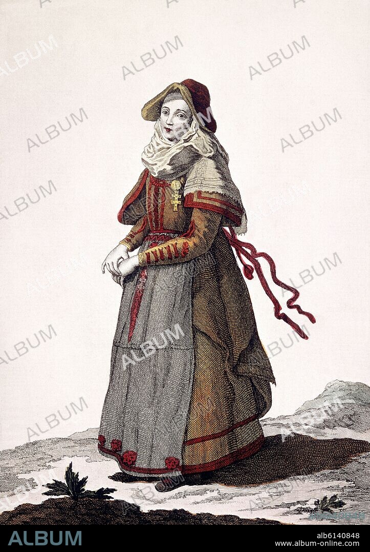 JUAN DE LA CRUZ CANO Y OLMEDILLA. COLECCION DE TRAJES DE ESPAÑA-1777-CASTELLANA DE AVILA-GRABADO S XVIII-TIPOS POPULARES.