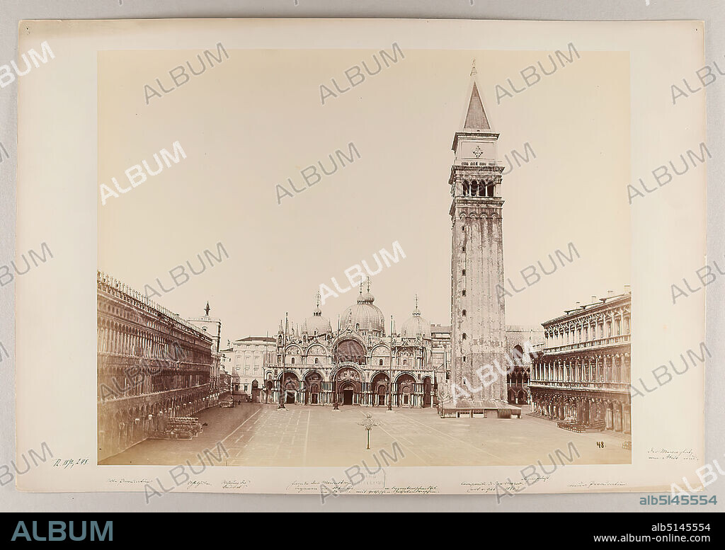 Carlo Naya, Venezia - Chiesa di S. Marco col Campanile, 1892, albumin paper, cardboard, black and white positive process, image size: height: 27.50 cm; width: 35.40 cm, stamp engraving: recto center bottom: Naya Fotografo, inscribed: recto bottom: inventory number; buildings (partly with information about the construction period), label: verso: 48 Venezia, Chiesa di S. Marco col Campanile, travel photography, architectural photography, streets and squares.