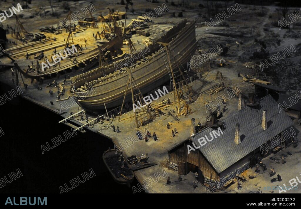 The Stockholm shipward in april 1627, the largest naval base and shipyard in Sweden. Model. Vasa Museum. Stockholm. Sweden.