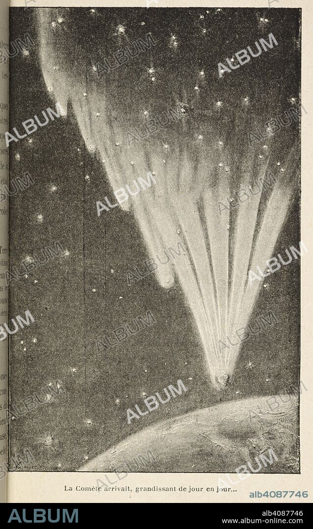 CAMILLE FLAMMARION. Illustration showing a comet about to collide with the planet Earth. La Fin du Monde. (End of the world). Paris, 1894. Source: 012550.f.53 page 43. Language: French.