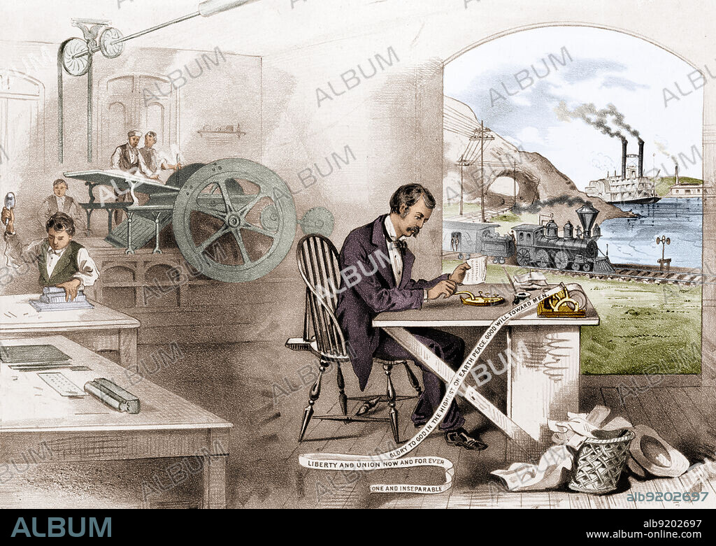 A Currier & Ives engraving from 1876 titled "Progress of the Century," showing major technological inventions of the 19th century, including the lightning steam press, the electric telegraph, the locomotive, and the steamboat. Colorized.