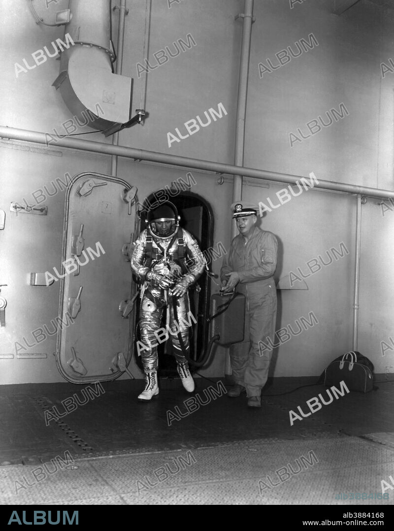 May 4, 1961 - Commander Malcolm D. Ross in his space suit, aboard USS Antietam (CVS-36) which was his only protection during Project Strato-Lab High V Balloon flight.