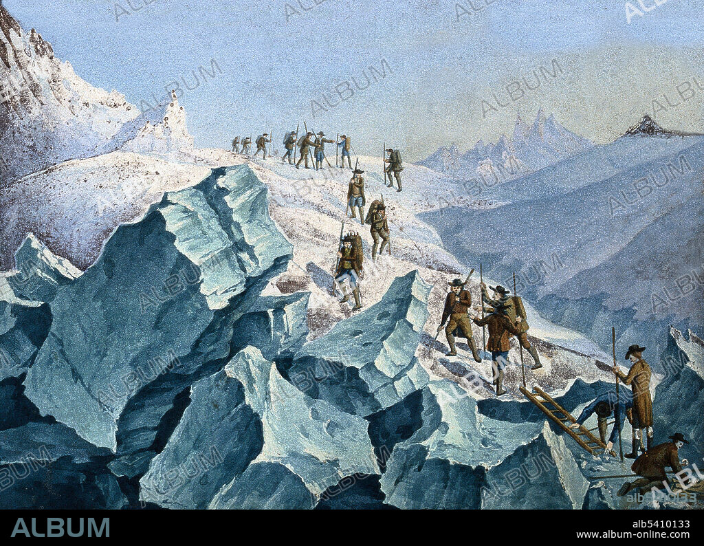 Horace Bénédict de Saussure and others descending Mont Blanc. Horace-Bénédict de Saussure (February 17, 1740 - January 22, 1799) was a Genevan geologist, meteorologist, physicist, mountaineer and Alpine explorer, often called the founder of alpinism and modern meteorology. His early interest in botanical studies and glaciers led Saussure to undertake journeys across the Alps. In 1767, he completed his first tour of Mont-Blanc, a trip that did much to reveal the topography of the snowy portions of the Alps of Savoy. He also carried out experiments on heat and cold, on the weight of the atmosphere and on electricity and magnetism. For this, he devised what became one of the first electrometers. The Alps were the focus of Saussure's investigations. He saw them as the grand key to the true theory of the earth, and they gave him the opportunity to study geology in a manner never previously attempted. He closely examined the inclination of the strata, the nature of the rocks, the fossils and the minerals. All of Saussure's observations and experiments from seven Alpine journeys were summed up and published in four quarto volumes, under the general title of Voyages dans les Alpes (1779-96). He died in 1799 at the age of 58. Aquatint, not artist credited.