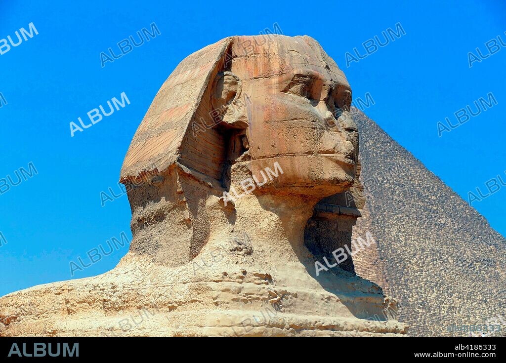 The Great Sphinx of Giza. limestone statue of a reclining sphinx. a mythical creature with the body of a lion and the head of a human. Facing directly from West to East. it stands on the Giza Plateau on the west bank of the Nile in Giza. Egypt. The face of the Sphinx is generally believed to represent the Pharaoh Khafre. Cut from the bedrock. (approx. 2558–2532 BC).