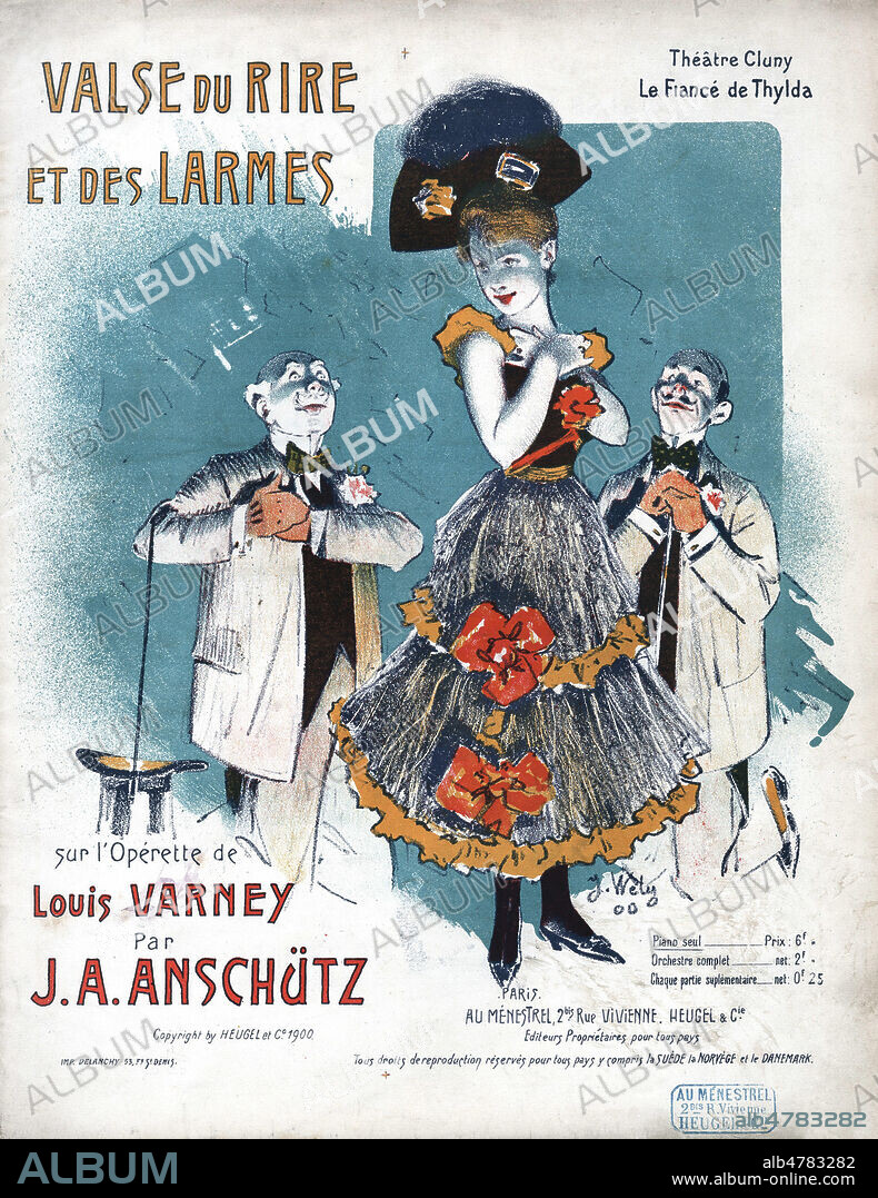 valse du rire et des larmes sur l'operette de Louis VARNEY (1844-1908) par J.A. ANSCHUTZ. Illustration de J. WELY pour la couverture d'une partition de musique de 1900. Credit : Collection Kharbine-Tapabor.