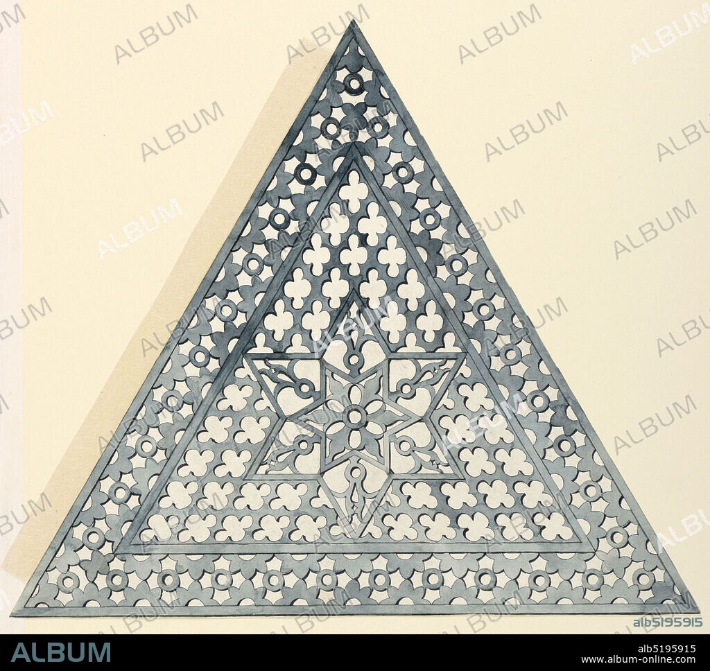 Design for pierced marble grillework, J.D. Woodward, Pen and ink with blue watercolors on paper marble grillework, Equilateral triangle. Design for pierced marble grillework consisting of a central six-pointed star within a star on a quatrefoil ground. Outer border of segmented leaf and circle patter., USA, about 1895, ornament, Drawing, Drawing.