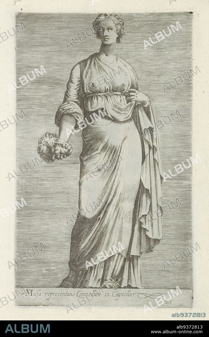Sculpture of Thaleia, muse of comedy, Musa representans commediam in Capitolio (title on object), Antique sculptures in Rome (series title), Antiquarum statuarum urbis Romae quae in publicis locis visuntur icones (series title), Caption in Latin. Print is part of an album., print maker: anonymous, publisher: Andrea Vaccari, print maker: Italy, publisher: Rome, 1584, paper, engraving, height 220 mm × width 134 mm.