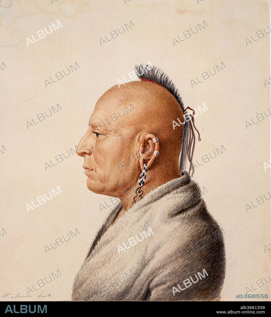 CHARLES BALTHAZAR JULIEN FEVRET DE SAINT-MEMIN. Osage Warrior. Artist: Charles Balthazar Julien Févret de Saint-Mémin (1770-1852). Dimensions: 7 1/4 x 6 7/16 in. (18.4 x 16.4 cm). Date: 1805-7.
Between 1803 and 1810 Saint-Mémin worked in the United States, producing hundreds of portraits of political leaders and élite society. In Washington, D.C., he met members of three delegations of Plains Indians who visited the capital between 1804 and 1807 at President Thomas Jefferson's invitation, following the acquisition of their land through the Louisiana Purchase of 1803. Saint-Mémin made fifteen depictions of men from several tribes during these visits.
"Osage Warrior" is based on a drawing that Saint-Mémin made with a physionotrace, a device that mechanically reproduced an outline of a sitter's profile. The artist then transferred the image to this sheet and painted it in watercolor, rendering his subject's individualized facial features with delicate stippling and cross-hatching. The warrior wears beaded wampum ear-drops and silver ear rim bands, and his scalp is shaved except for a dyed lock of hair.
