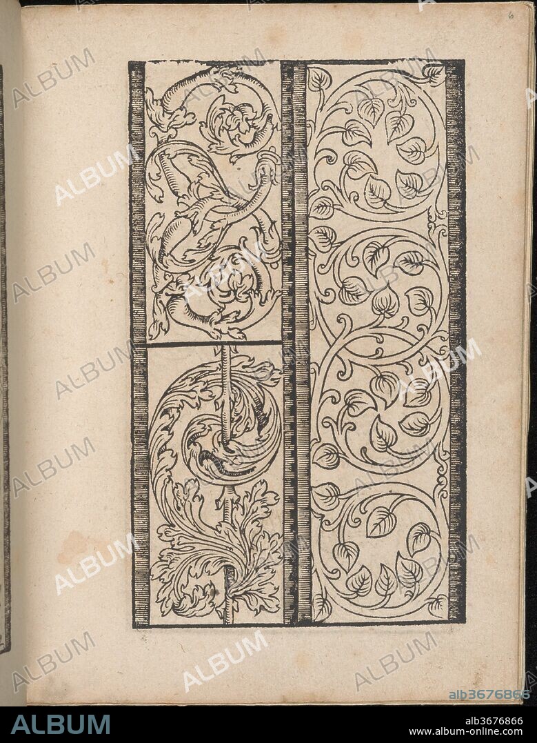 Ein new Modelbuch..., page 3 (verso). Dimensions: 7 5/16 x 5 3/8 in. (18.5 x 13.6 cm). Publisher: Johann Schönsperger the Younger (German, active 1510-30). Date: October 22, 1524.
Published by Johann Sch?nsperger the Younger, Zwickau.
From top to bottom, and left to right:
Design composed of 3 vertical columns. Left column is decorated with a pattern of horizontal hatch marks. Middle column is decorated with a series of coiling acanthus leaves. Right column is decorated with a curving white line.