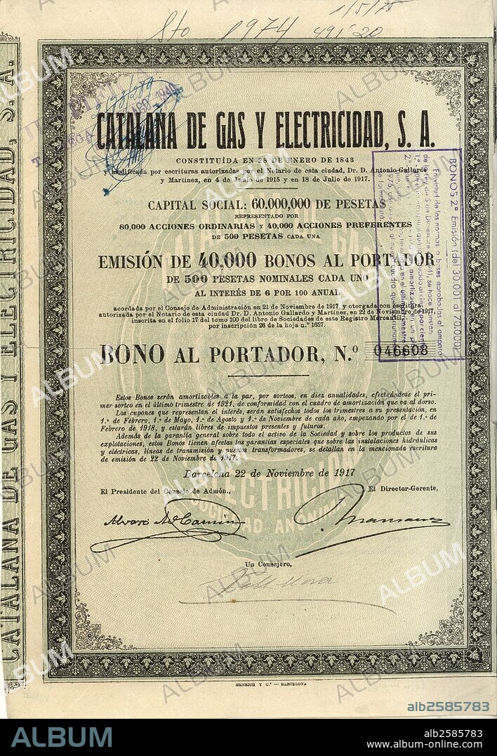 Bono al portador de 500 pesetas, emitido por Catalana de Gas y Electricidad S.A. Barcelona, 22 de noviembre de 1917.