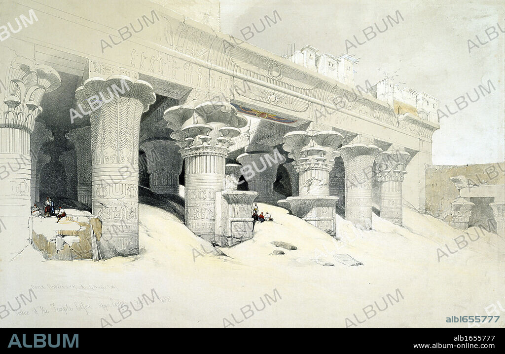 Portico of the sandstone Temple of Edfu (Idfu or Behdet) dedicated to falcon-headed god Horus. Lithograph after watercolour by Scottish artist David Roberts (1796-1864) dated 28 November 1838.