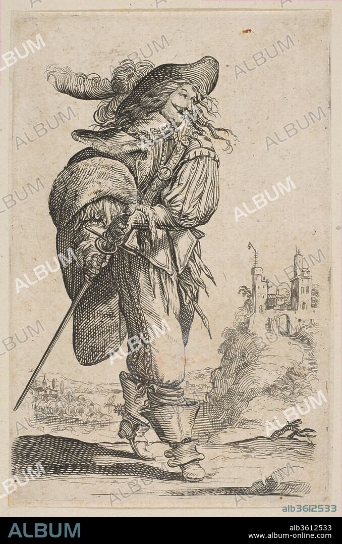 Gentleman Holding a Sword. Artist: Anonymous, French, 17th century; After Abraham Bosse (French, Tours 1602/1604-1676 Paris). Dimensions: Sheet (trimmed): 5 5/8 × 3 11/16 in. (14.3 × 9.3 cm). Series/Portfolio: Le Jardin de la noblesse française. Date: 1629.
