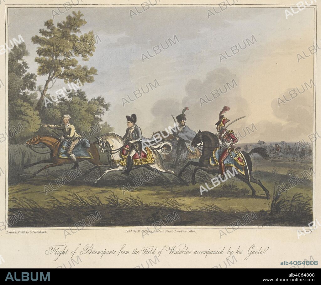 JAMES ROUSE and WILLIAM MUDFORD. 'Flight of Bonaparte from the Battle of Waterloo, accompanied by his guide'. An Historical Account of the Campaign in the Netherlands, in 1815, under His Grace the Duke of Wellington, and Marshal Prince Blucher, comprising the battles of Ligny, Quatrebras, and Waterloo; with a detailed narrative of the political events connected with those memorable conflicts down to the surrender of Paris, and the departure of Bonaparte for St. Helena ... Embellished with ... plates ... from drawings ... by James Rouse. London : Henry Colburn, 1817. Source: 193.e.9 Plate XXV - Y.