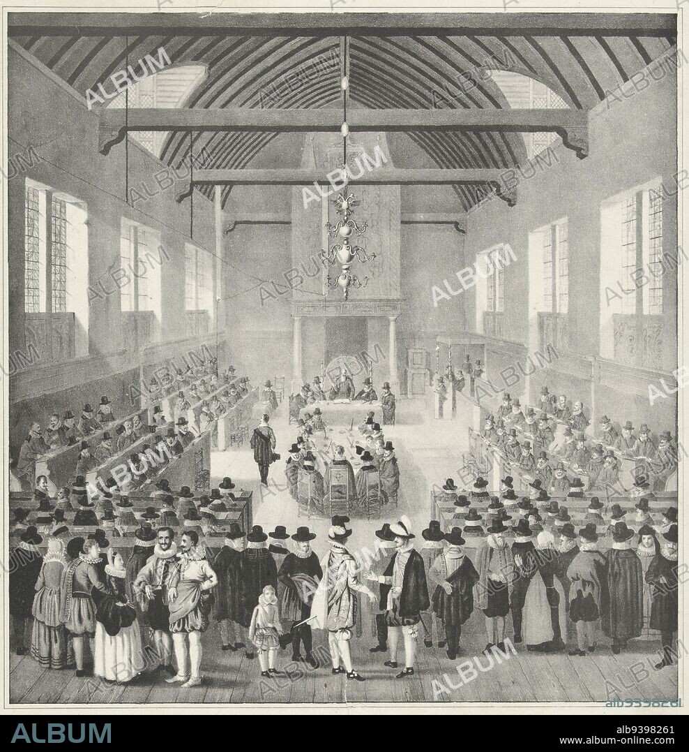 Opening of the National Synod at Dordrecht, 1618, anonymous, after Pouwels Weyts (II), after François Schillemans, 1800 - 1899, The opening of the National Synod at Dordrecht, November 13, 1618. Overview of the meeting in the great hall in the Kloveniersdoelen with all present, on the foreground spectators., print maker: anonymous, after: Pouwels Weyts (II), (attributed to), François Schillemans, (possibly), Netherlands, 1800 - 1899, paper, h 445 mm × w 390 mm.