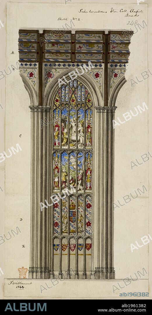 Illustration of church stained glass window. COLLECTION by Thomas Willement, F.S.A., of draw- ings, etc. From a collection by Thomas Willement, F.S.A., of draw- ings, etc., partly by his own hand, of ancient and modern stained glass, ecclesiastical and domestic, chiefly in Great Britain and France. Most are in water-colour, and have notes and dates by the collector, 1815-1864, but there is no systematic arrangement. Included are many engravings, etc., 18th-19th centt.; also a few original designs for window-panels, and drawings of subjects, of the Swiss and German schools, early 16th-early 17th cent. Source: Add. 34871 67 no. 248. Language: English.