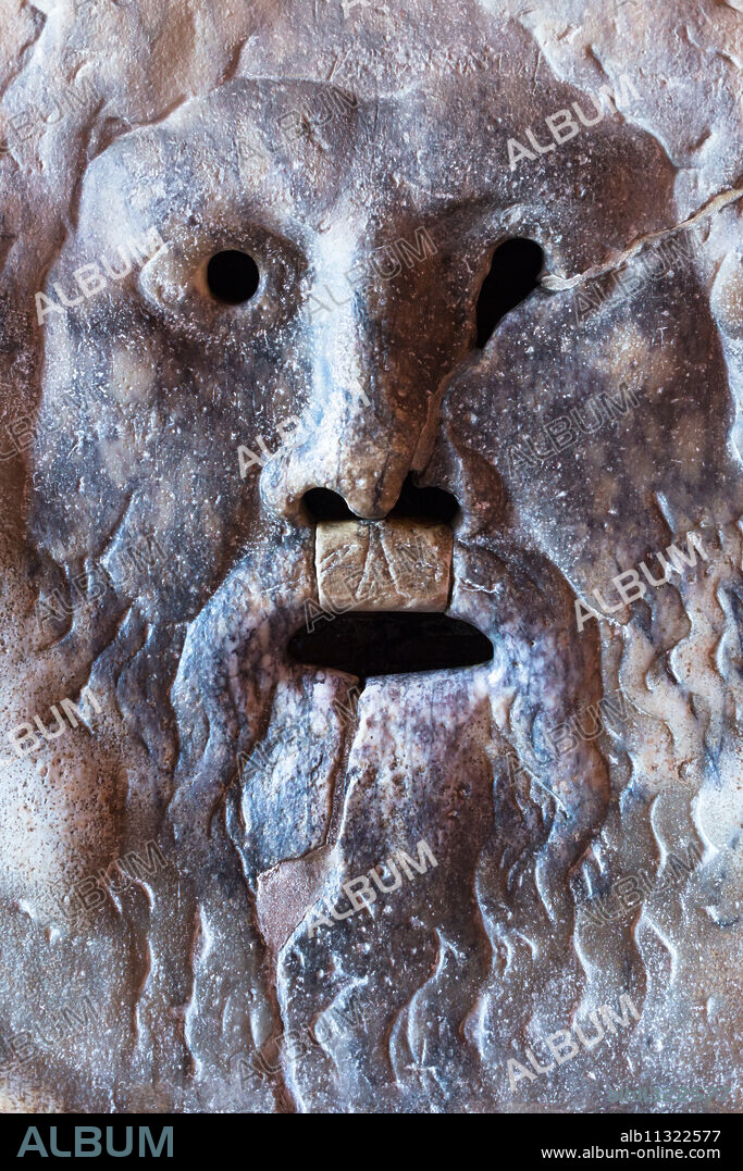 Bocca della Verita (Mouth of Truth), a marble mask at Santa Maria in Cosmedin church in Rome, Lazio, Italy, Europe.