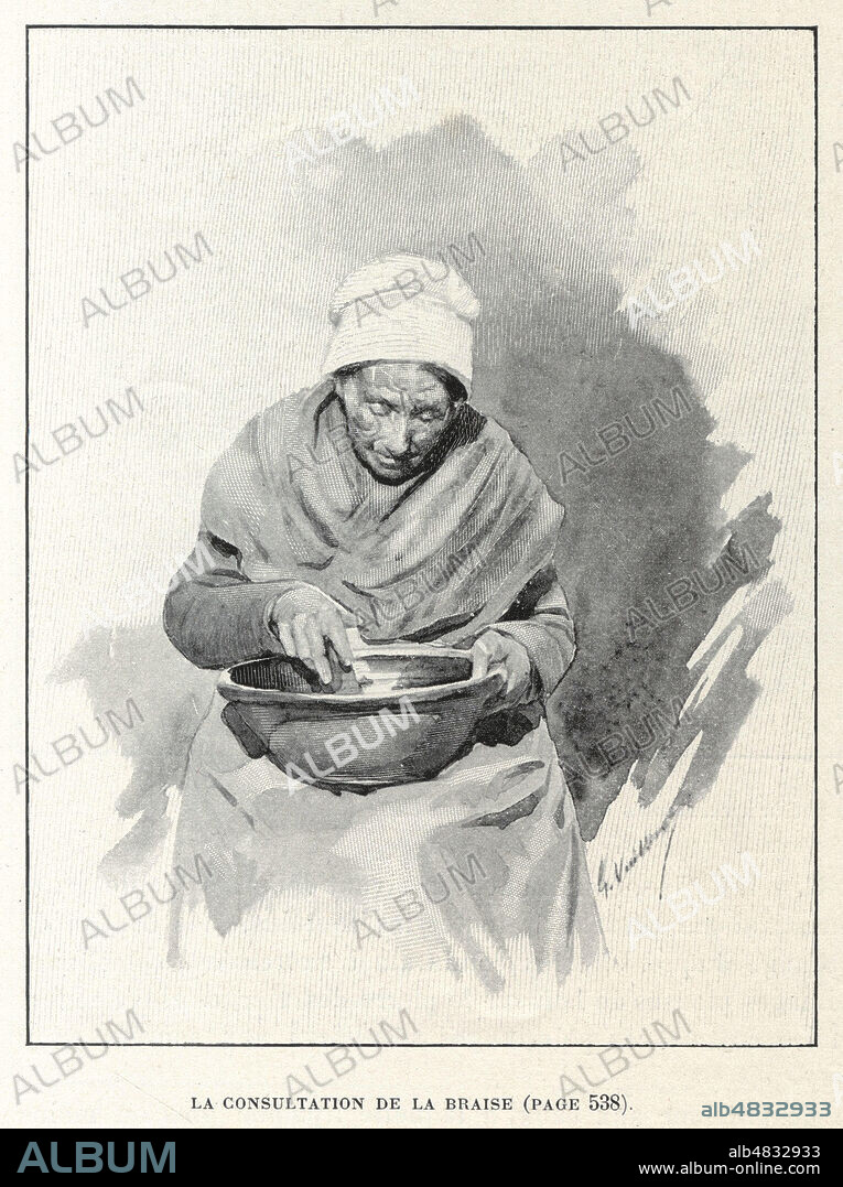 La consultation de la braise (pour indiquer la fontaine sacree appropriee pour la guerison d'un malade) par Mariette DORONIS. Illustration de Gaston VUILLIER (1845-1915) pour son article Chez les magiciens et sorciers de Correze repris dans Le Tour du Monde de 1899. Credit : Collection Kharbine-Tapabor.