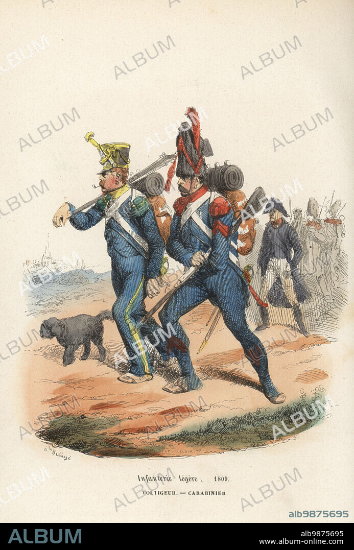 Uniforms of a skirmisher and rifleman, French light infantry, on a march with regimental dog, 1809. Skirmisher in shako, blue coat and trousers, armed with musket. Carbineer in bearskin, blue coat with red epaulettes, gaiters, armed with carbine. Voltigeur, Caribinier, Infanterie legere, 1809. Handcoloured woodcut by Andrew Best Leloir after an illustration by Hippolyte Bellangé from P.M. Laurent de lArdeches Histoire de Napoleon, Paris, 1840.