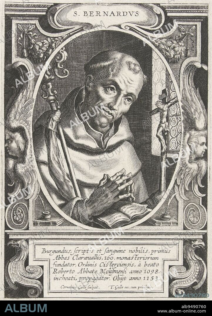 Saint Bernard of Claivaux, founder of the Cistercian Order, in prayer, hands folded over a book Below the portrait a cartouche with a short Latin text about his life Part of a series of images of the most famous founders of the monastic orders, St Bernard of Clairvaux S Bernardvs Founders of the religious orders , print maker: Cornelis Galle (I), (mentioned on object), Peter Paul Rubens, (possibly), publisher: Theodoor Galle, (mentioned on object), print maker: Southern Netherlands, publisher: Antwerp, c. 1586 - c. 1633, paper, engraving, h 168 mm × w 115 mm.