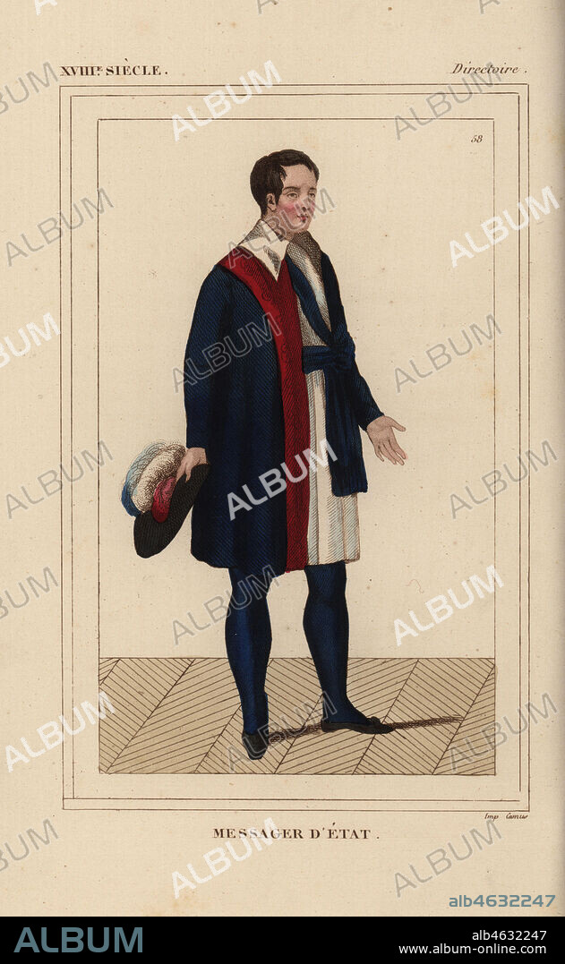 Uniform of a messager d'etat (state messenger) under the Directory. Each councilor had four messengers who wore white tunic, blue coat and hat with tricolor plumes. Handcoloured lithograph from Le Bibliophile Jacob aka Paul Lacroix's Costumes Historiques de la France (Historical Costumes of France), Administration de Librairie, Paris, 1852.