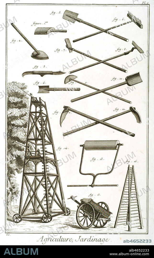 Agriculture: differents outils de jardinage. Batte, gressoir, houlette, beche, rateau, ratissoir, rabot, pelle, pioche, rouleau, chariot, tombereau, echelle double. Planche de l'encyclopedie DIDEROT ET D'ALEMBERT (ou dictionnaire raisonne des sciences, des arts et des metiers, recueillis des meilleurs auteurs...),1751-1772. Credit : Collection Mx/Kharbine-Tapabor.