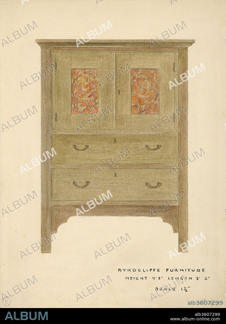 Sassafras Linen Press. Artist: Byrdcliffe Arts and Crafts Colony (American, 1902-1915); attrib. to Ralph Radcliffe Whitehead (American (born England), Yorkshire 1854-1929 Santa Barbara, California). Dimensions: sheet: 10 x 7 3/8 in. (25.4 x 18.8 cm). Date: 1904.
Inspired by the ideas of the Arts and Crafts Movement, the Englishman Ralph Whitehead, who had studied under John Ruskin at Oxford, sought to establish his own ideal, self-sustaining art community in the United States. After a failed experiment in Oregon, in 1902 he founded the Byrdcliffe Arts and Crafts Colony right outside Woodstock, New York. In 1903 he published his vision for the community: '[It] is our intention to make furniture of a simple kind which shall be good in proportion, and to which distinction may be given by the application of color and carving by artists' hands (...)'. This oak linen press perfectly embodies these ideas in its modest, rectilinear shape, hand-carved panels and wood surfaces finished with transparent stains in natural colors. The piece also illustrates Whitehead's idea of artists working together and combining skills to create beautiful and honest furniture pieces. While he himself designed the outline of the linen press, the carved panels with stylized sassafras leaves were designed by Edna M. Walker, who graduated from Brooklyn's Pratt School of Design before joining Whitehead in 1903.