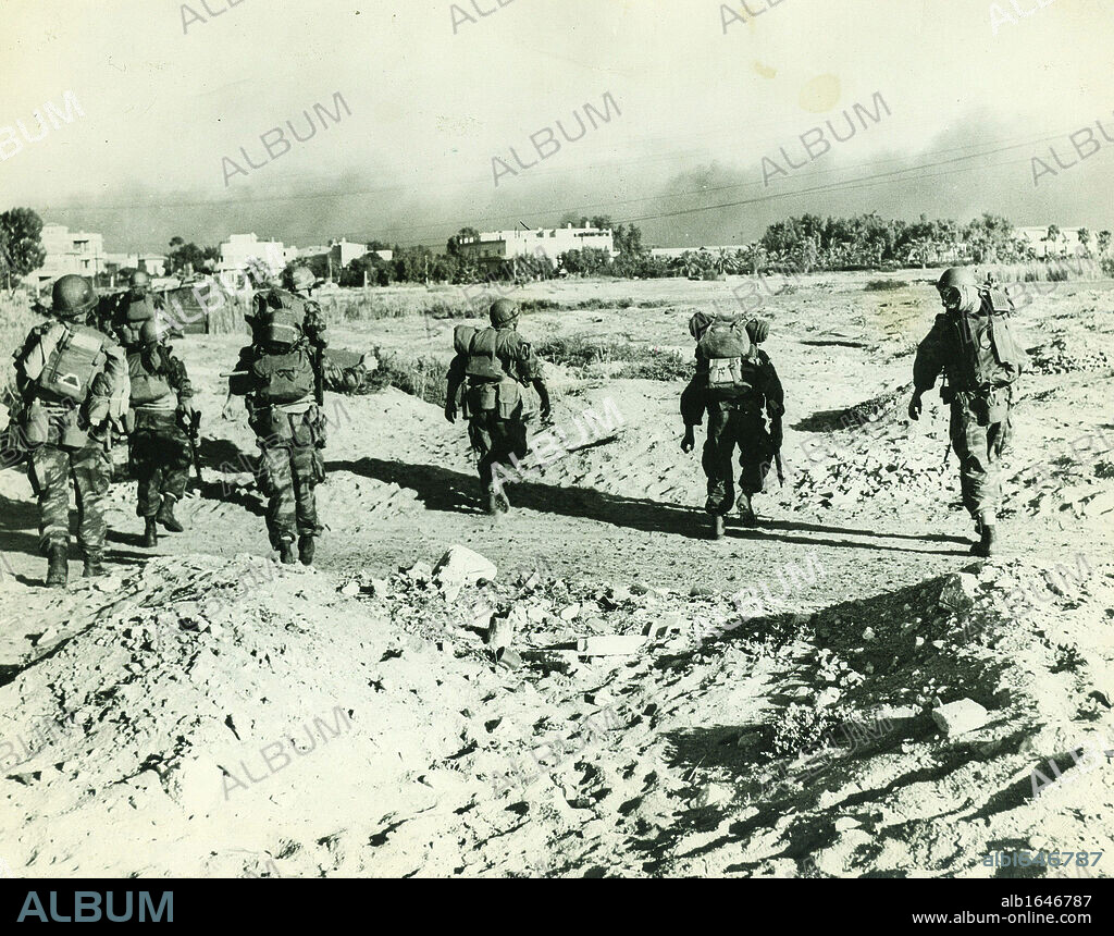 Suez Crisis or Tripartite Agression, 1956. French parachutists shortly after landing in Port Said, Egypt.