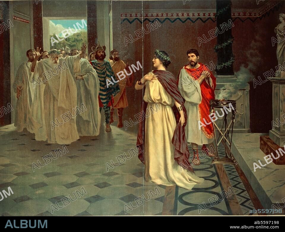 Bellini, Vincenzo; ital. Komponist; 1801-1835. Werke: Norma (Oper, Libr.: Felice Romani nach A.Soumet; UA Mailand 1831). Illustration zum 2. Akt: Norma bietet sich selbst als Opfer an. Farblithographie, anonym, Deutschland, Anfang 20. Jahrhundert. Aus einer Serie mit Illustrationen zur Oper Norma. Mailand, Civica Raccolta A.Bertarelli.