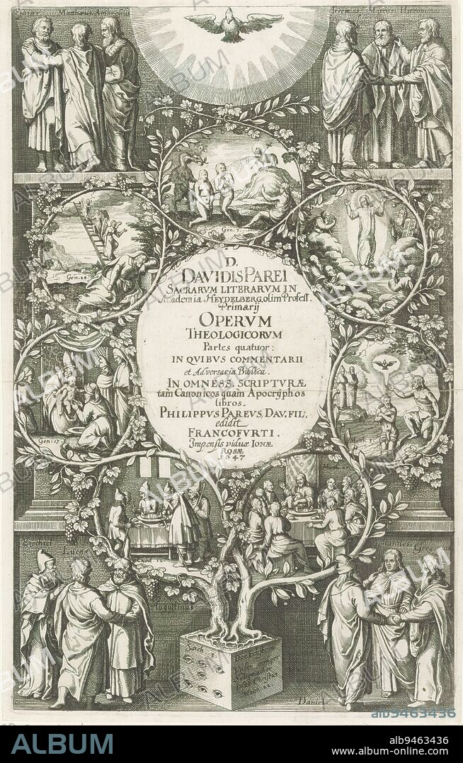 Vines with scenes from Old and New Testament, Title page for: David Pareus, Operum Theologicorum Partes quatuor, 1647, Vines containing seven scenes from the Old and New Testaments: the Fall, Jacob's ladder, Isaac's circumcision, the sacrificial lamb at the Passover feast, the Last Supper, Christ's baptism, and Christ's transformation. In the center, the title. At the top and bottom in groups of three are the prophets Isaiah, Jeremiah, Ezekiel and Daniel, the four evangelists and the church fathers Ambrose, Augustine, Jerome and Gregory. Center above a dove in halo symbolizing the Holy Spirit., print maker: anonymous, publisher: Jonas Rosa, (mentioned on object), Frankfurt, 1647, paper, engraving, height 285 mm × width 178 mm.