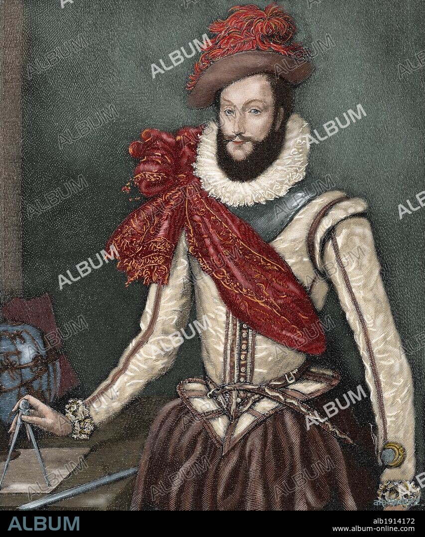 RALEIGH, Sir Walter (Hayes Barton, h. 1554-Westminster, 1618). Marino y cortesano inglés. Grabado coloreado de "El Mundo Ilustrado", 1880.
