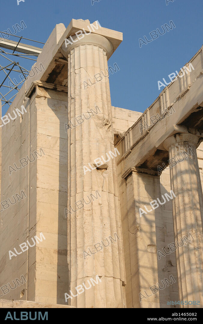 Greek Art. The Propylaea. In 437 BC Mnesicles started building the monument gates with columns of Pentelic marble. (437-432 BC). Acropolis. Athens. Attica. Central Greece. Europe.