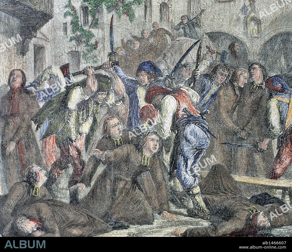 REVOLUCION FRANCESA (1789-1799). "JORNADAS DE SETIEMBRE. MATANZA DE CLERIGOS". Grabado coloreado de "Historia de Francia" (año 1900) .