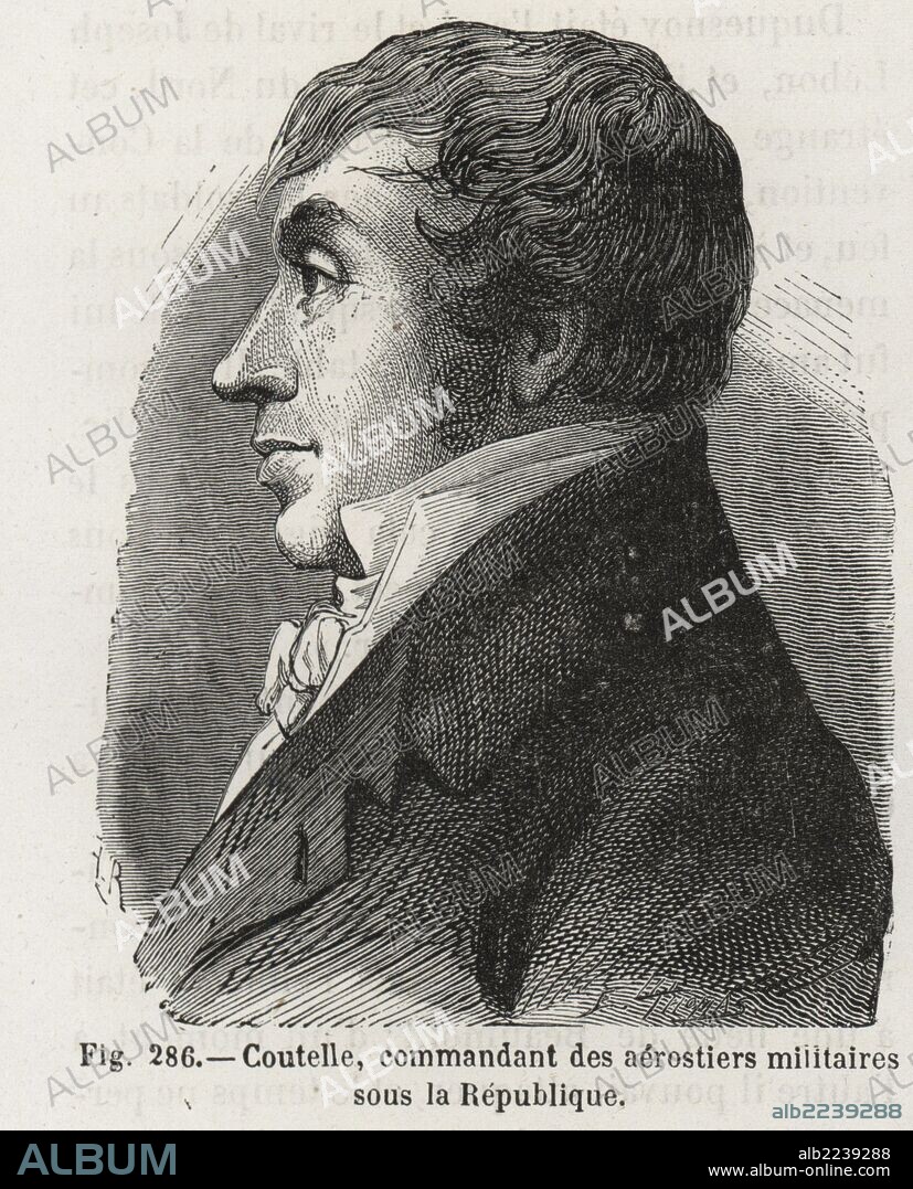 Colonel Jean Marie-Joseph Coutelle, commander of the Company of Aeronauts of the French Revolutionary Army. Woodblock engraving by H. Rousseau after E. Thomas from Louis Figuier's "Les Merveilles de la Science: Aerostats" (Marvels of Science: Air Balloons), Furne, Jouvet et Cie, Paris, 1868.