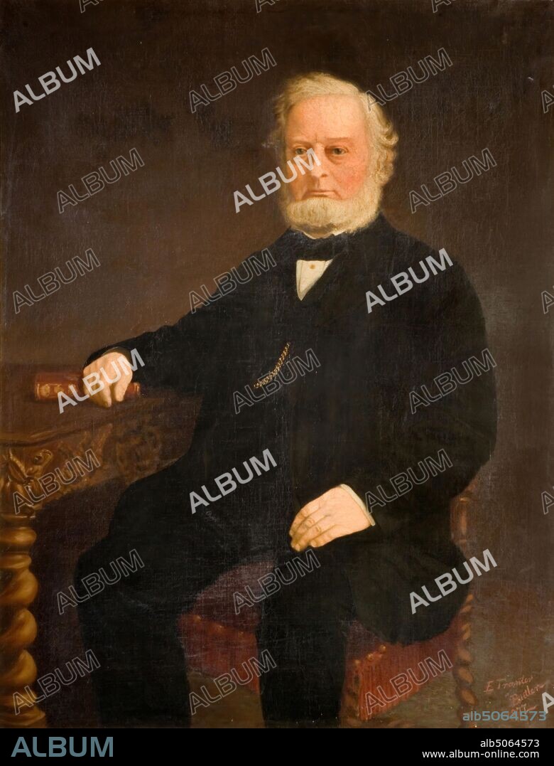 Portrait of William Tranter, 1860-1890 Butler E Tranter, William Tranter (1816-1890) was a gunmaker and gun designer with a factory in Aston, Birmingham, famous for inventing the Tranter Revolver. Tranter was also a substantial property owner and a founding member of the Birmingham Small Arms Company Ltd., Related to 1978V795 Portrait of Mrs Amelia Elizabeth Tranter (his wife)., Oil Painting, Portrait, Male, Birmingham history, Bearded.