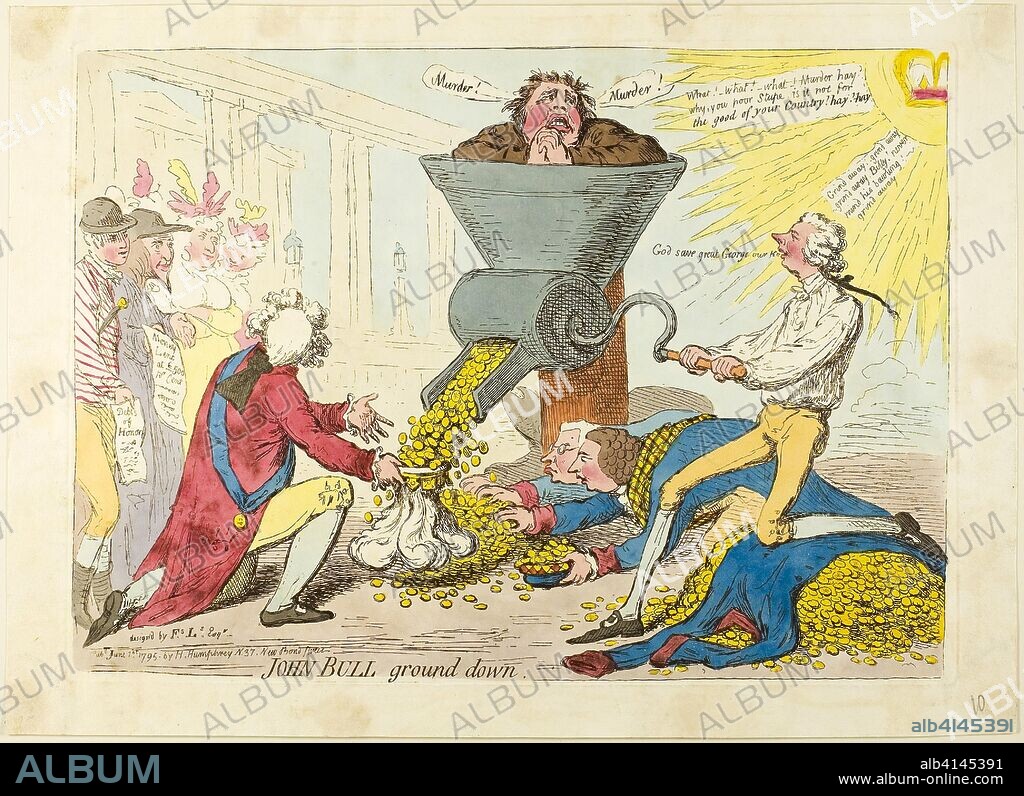 John Bull Ground Down. James Gillray (English, 1756-1815); published by Hannah Humphrey (English, c. 1745-1818). Date: 1795. Dimensions: 244 × 340 mm (image); 248 × 346 mm (plate); 285 × 397 mm (sheet). Etching in dark brown, with handcoloring, on cream wove paper. Origin: England.