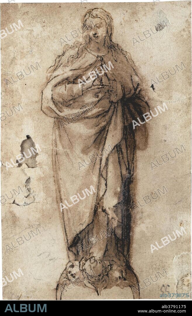 Alonso Cano (?) / 'La Inmaculada Concepción'. 1630 - 1640. Aguada parda, Pluma sobre papel amarillento, 124 x 80 mm.