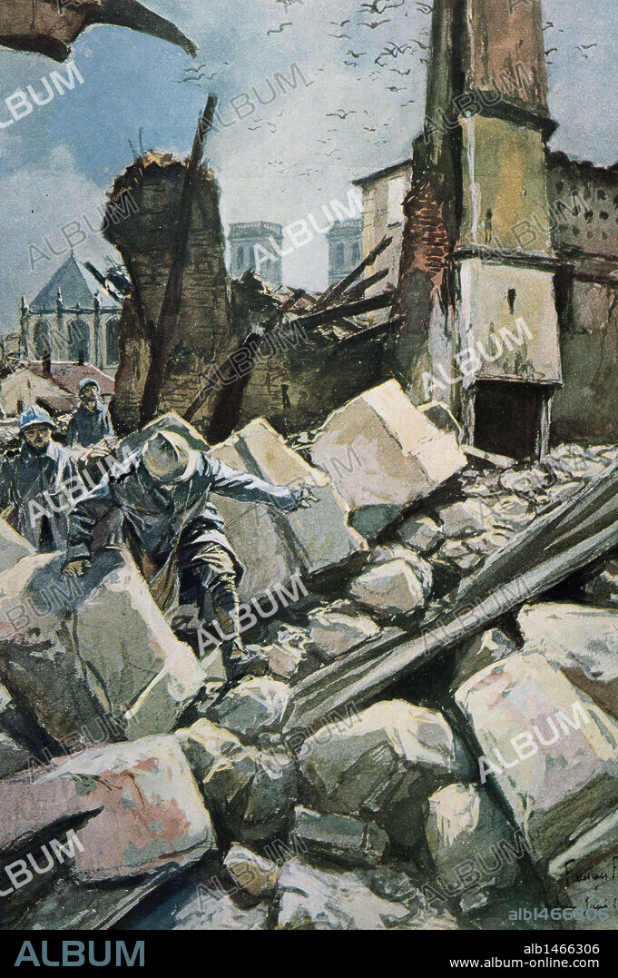 FRANÇOIS FLAMENG (basado en). PRIMERA GUERRA MUNDIAL (1914-1918). "BATALLA DE VERDUN" (1916-1917). "SOLDADOS FRANCESES ENTRE LAS RUINAS DE LA CIUDAD DE VERDUN" (febrero de 1917). Autor, François Flameng.